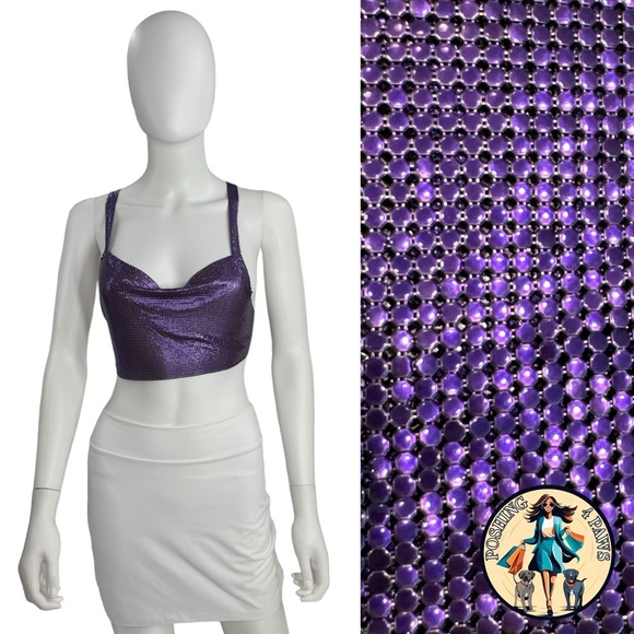FANNIE SCHIAVONI Hailey Mesh Metallic Festival Draped Crop Top in Purple Size S - Picture 3 of 15